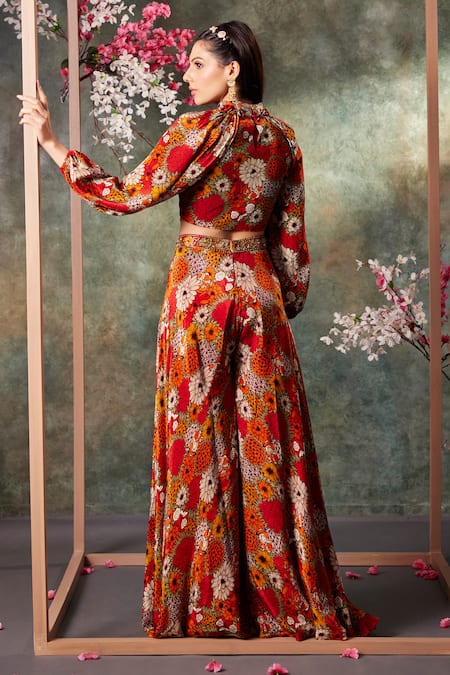 Shop_Mehak Murpana_Orange Crepe Floral Print Balloon Sleeves Crop Top With Flared Panel Pant _at_Aza_Fashions