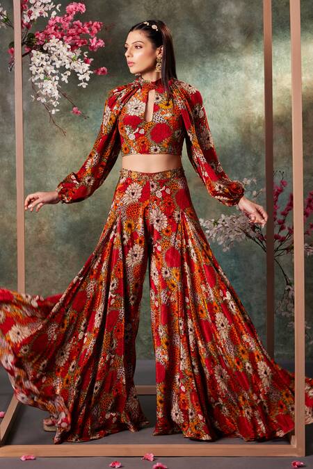 Mehak Murpana_Orange Crepe Floral Print Balloon Sleeves Crop Top With Flared Panel Pant _Online_at_Aza_Fashions