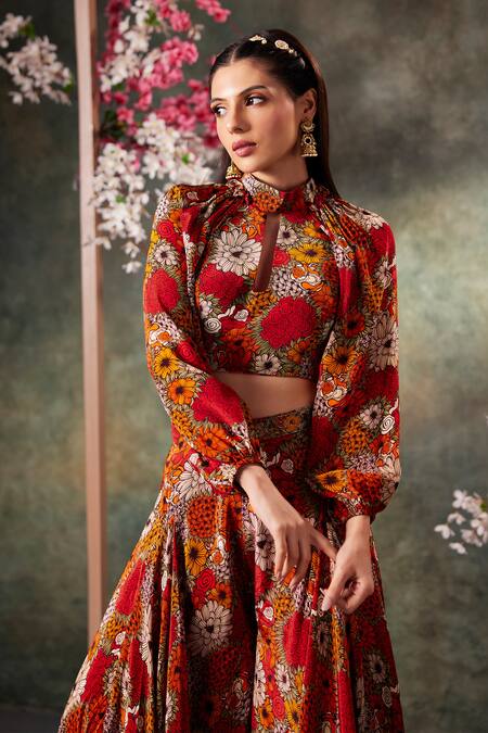 Buy_Mehak Murpana_Orange Crepe Floral Print Balloon Sleeves Crop Top With Flared Panel Pant _Online_at_Aza_Fashions