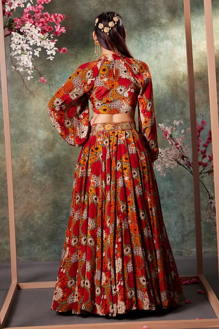 Shop_Mehak Murpana_Orange Crepe Embroidery High Neck Flora Print Crop Top With Lehenga _at_Aza_Fashions