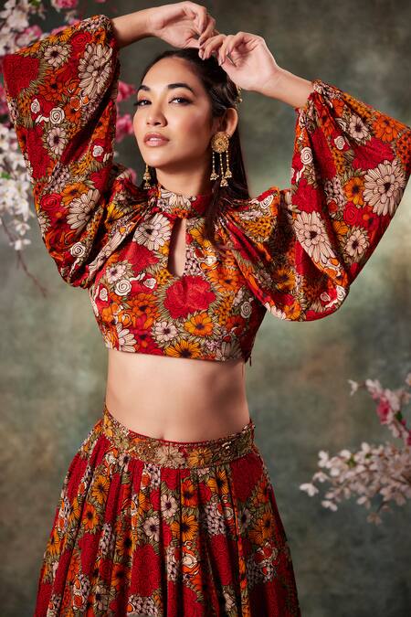 Mehak Murpana_Orange Crepe Embroidery High Neck Flora Print Crop Top With Lehenga _Online_at_Aza_Fashions