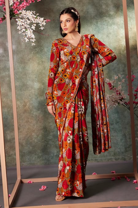 Mehak Murpana Orange Crepe Print Flora Garden V Neck Pre-draped Saree With Blouse 