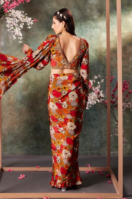 Shop_Mehak Murpana_Orange Crepe Embroidery V-neck Flora Garden Print Pre-draped Saree With Blouse _at_Aza_Fashions