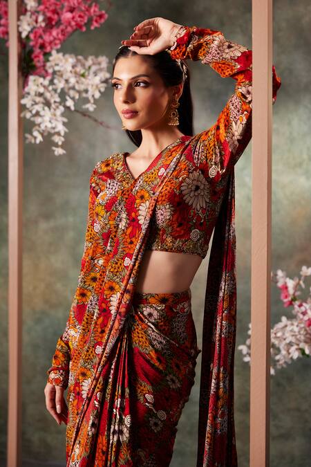 Mehak Murpana_Orange Crepe Embroidery V-neck Flora Garden Print Pre-draped Saree With Blouse _Online_at_Aza_Fashions