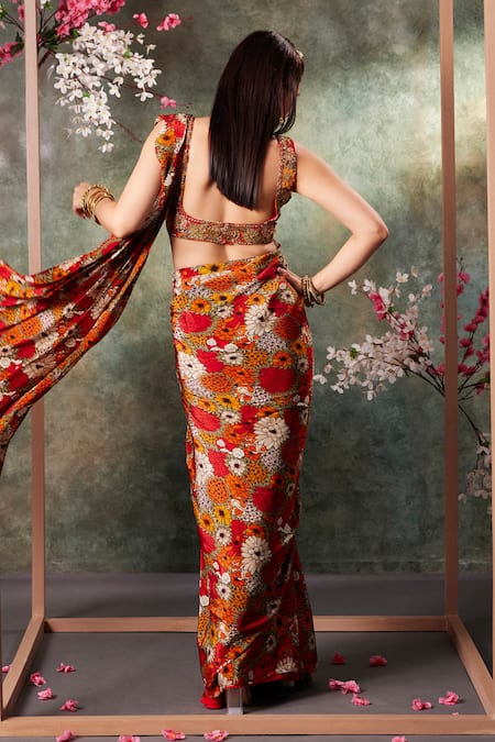 Shop_Mehak Murpana_Orange Crepe Embroidery Bloom Garden Print Pre-draped Saree With Blouse _at_Aza_Fashions