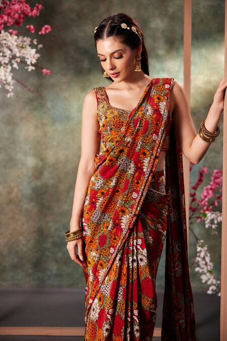 Mehak Murpana_Orange Crepe Embroidery Bloom Garden Print Pre-draped Saree With Blouse _Online_at_Aza_Fashions