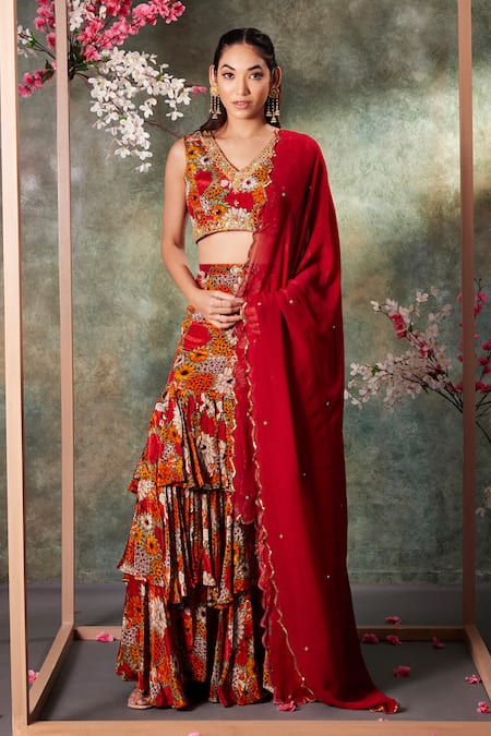 Mehak Murpana Orange Crepe Print Gardenia V Neck Ruffled Lehenga Set 