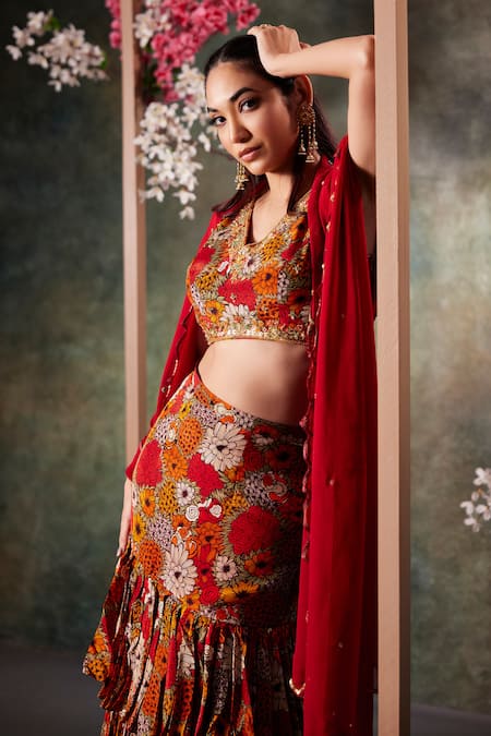 Shop_Mehak Murpana_Orange Crepe, Georgette Sequins V-neck Gardenia Print Ruffled Lehenga Set _at_Aza_Fashions