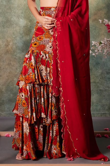 Mehak Murpana_Orange Crepe, Georgette Sequins V-neck Gardenia Print Ruffled Lehenga Set _Online_at_Aza_Fashions
