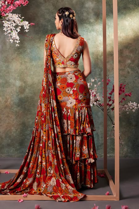 Mehak Murpana Bloom Print Pre-Draped Ruffle Saree With Blouse 