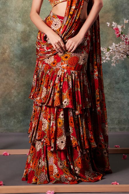 Mehak Murpana_Orange Crepe Embroidery V-neck Bloom Print Pre-draped Ruffle Saree With Blouse _Online_at_Aza_Fashions