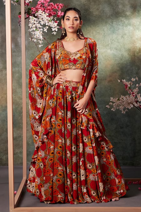 Mehak Murpana Orange Crepe Print Phool Sweetheart Neck Cape And Lehenga Set 