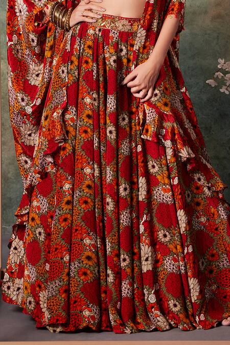 Mehak Murpana_Orange Crepe Metallic Thread Sweetheart Neck Phool Print Cape And Lehenga Set _Online_at_Aza_Fashions