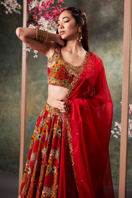 Mehak Murpana_Orange Organza, Crepe Embroidery, Sequins Sweetheart Gulshan Print Lehenga Set _Online_at_Aza_Fashions