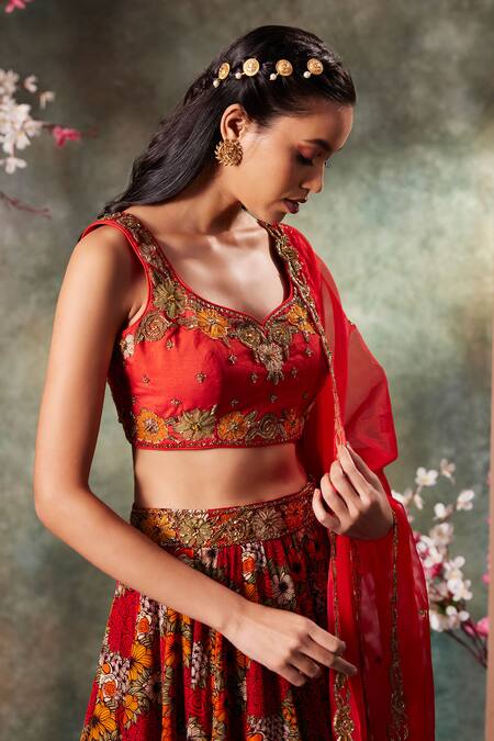 Mehak Murpana_Orange Organza, Cotton Satin, Cotton, Crepe Florence Print Lehenga Set _Online_at_Aza_Fashions