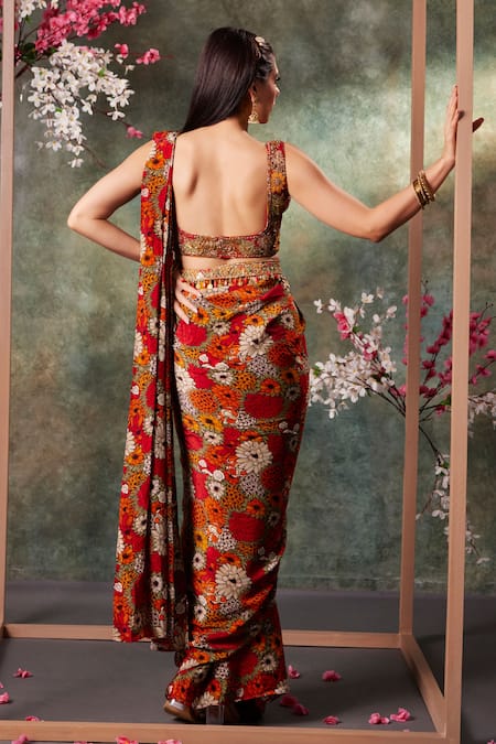 Mehak Murpana Phool Bagh Print Pre-Draped Saree With Blouse 