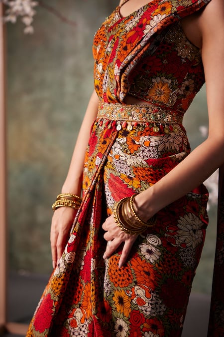 Mehak Murpana_Orange Crepe Embroidery Sweetheart Phool Bagh Print Pre-draped Saree With Blouse _Online_at_Aza_Fashions