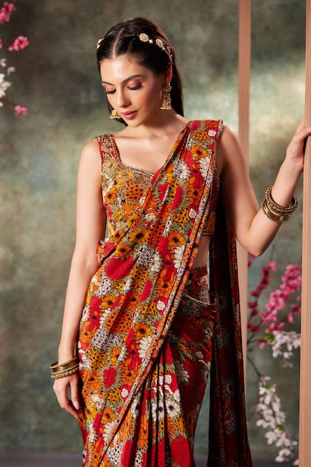 Buy_Mehak Murpana_Orange Crepe Embroidery Sweetheart Phool Bagh Print Pre-draped Saree With Blouse _Online_at_Aza_Fashions