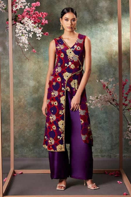 Mehak Murpana Bloomy Print Hand Embroidered Angarkha Kurta With Flared Pant 