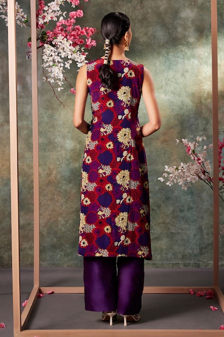 Shop_Mehak Murpana_Purple Chanderi, Crepe Bloomy Print Hand Angarkha Kurta With Flared Pant _at_Aza_Fashions