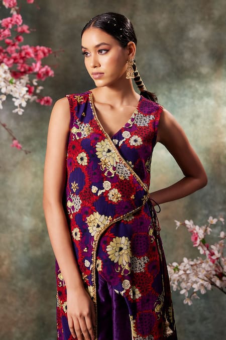 Mehak Murpana_Purple Chanderi, Crepe Bloomy Print Hand Angarkha Kurta With Flared Pant _Online_at_Aza_Fashions