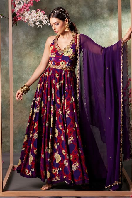 Mehak Murpana Purple Crepe Print Flower Garden Halter Neck Anarkali With Dupatta 