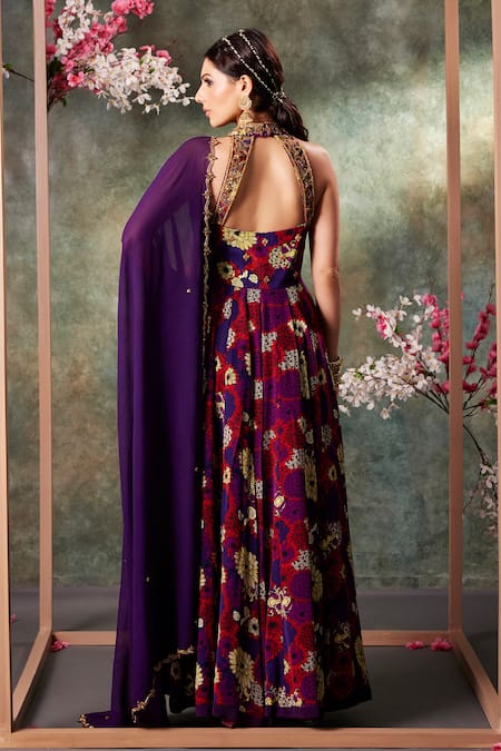 Shop_Mehak Murpana_Purple Crepe, Georgette Embroidery Flower Garden Print Anarkali With Dupatta _at_Aza_Fashions