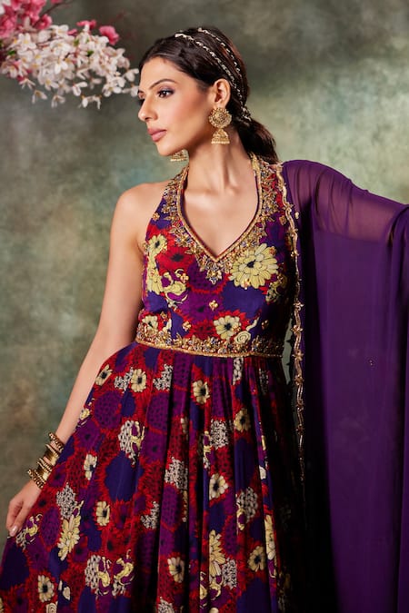 Mehak Murpana_Purple Crepe, Georgette Embroidery Flower Garden Print Anarkali With Dupatta _Online_at_Aza_Fashions