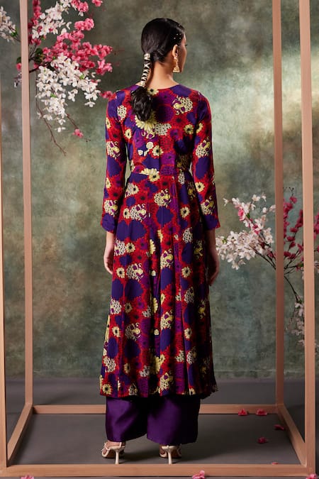 Shop_Mehak Murpana_Purple Chanderi, Crepe Zari V-neck Floral Print Anarkali And Pant Set _at_Aza_Fashions