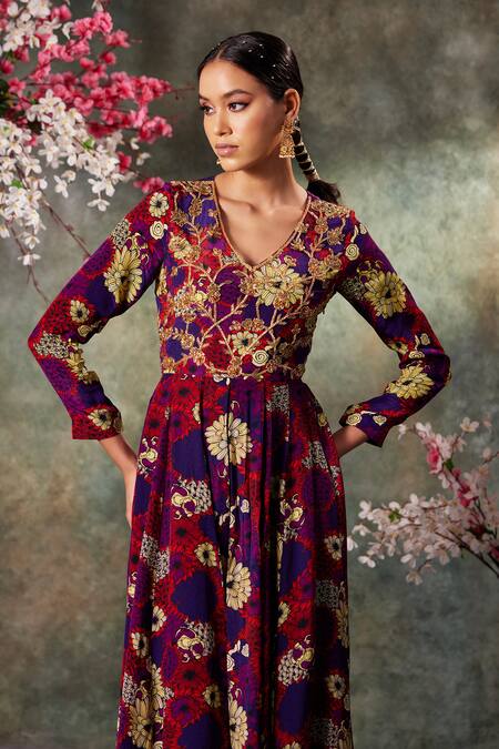 Buy_Mehak Murpana_Purple Chanderi, Crepe Zari V-neck Floral Print Anarkali And Pant Set _Online_at_Aza_Fashions