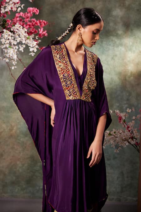 Buy_Mehak Murpana_Purple Crepe, Cotton Sequins Zardozi Placket Embroidered Kaftan Kurta And Pant Set _Online_at_Aza_Fashions