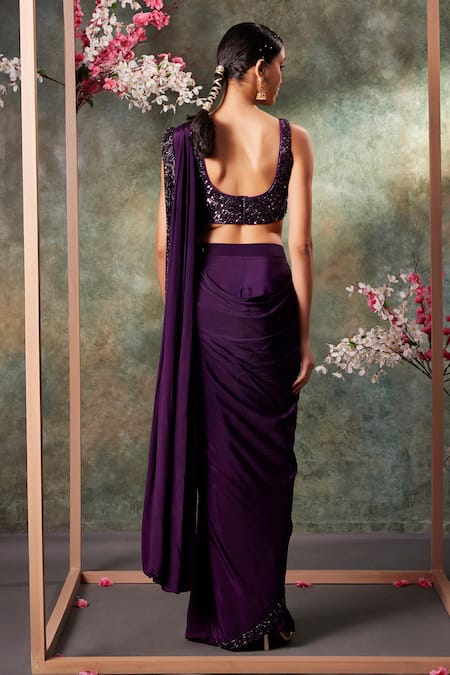 Shop_Mehak Murpana_Purple Crepe Cut Work, Sequins Border Embroidered Pre-draped Saree With Blouse _at_Aza_Fashions
