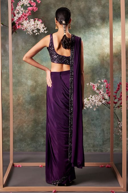 Shop_Mehak Murpana_Purple Crepe Sequins, Cut Work Pre-draped Saree With Scallop Embroidered Blouse _at_Aza_Fashions