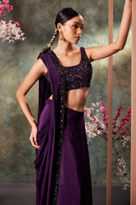 Mehak Murpana_Purple Crepe Sequins, Cut Work Pre-draped Saree With Scallop Embroidered Blouse _Online_at_Aza_Fashions