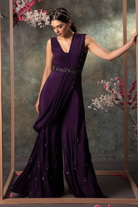 Mehak Murpana Purple Crepe Embroidery Sequin Blunt V Neck Floral Border Jumpsuit With Drape 