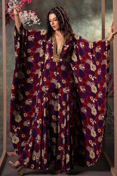 Mehak Murpana Purple Crepe Printed Floral Plunge V Neck Kaftan Jumpsuit 