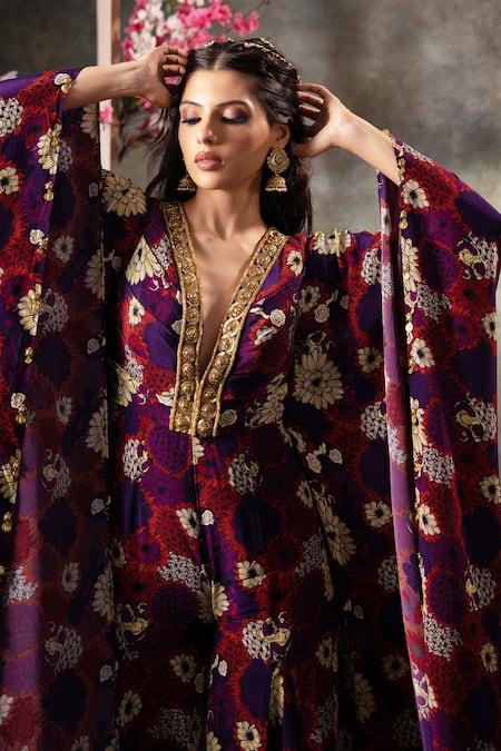 Mehak Murpana_Purple Crepe Cut Work, Sequins Plunge Neck Floral Print Kaftan Jumpsuit _Online_at_Aza_Fashions
