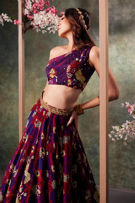 Buy_Mehak Murpana_Purple Crepe Embroidery, Beads, Sequins Floral Print Top And Lehenga Set _Online_at_Aza_Fashions