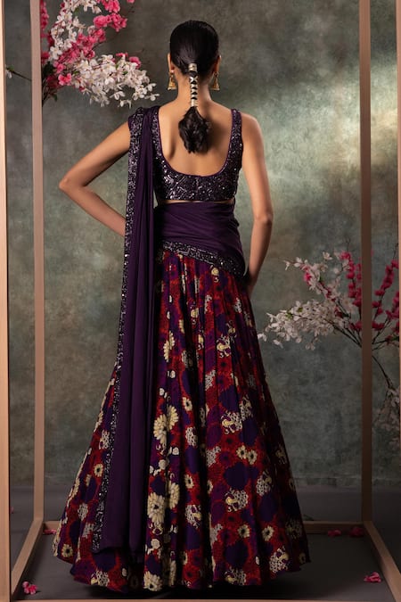 Shop_Mehak Murpana_Purple Crepe Sequins, Cut Work, Embroidery Round Mughal Floral Print Lehenga Set _at_Aza_Fashions