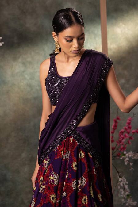 Mehak Murpana_Purple Crepe Sequins, Cut Work, Embroidery Round Mughal Floral Print Lehenga Set _Online_at_Aza_Fashions