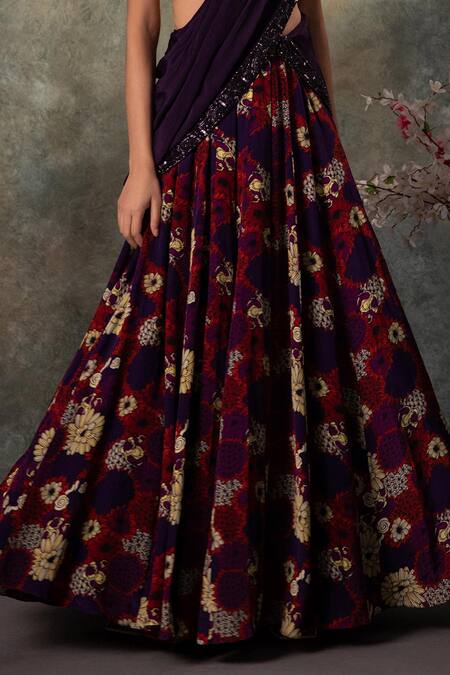 Buy_Mehak Murpana_Purple Crepe Sequins, Cut Work, Embroidery Round Mughal Floral Print Lehenga Set _Online_at_Aza_Fashions