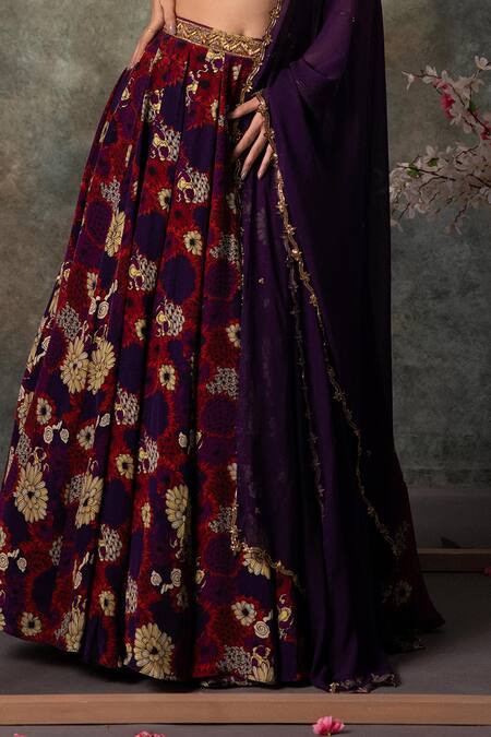 Mehak Murpana_Purple Organza, Crepe Zari, Sequins, Embroidery Open Botanical Print Lehenga Set _Online_at_Aza_Fashions