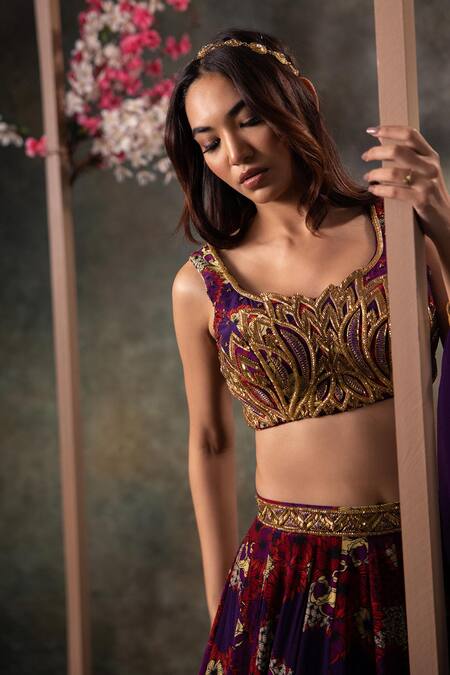 Buy_Mehak Murpana_Purple Organza, Crepe Zari, Sequins, Embroidery Open Botanical Print Lehenga Set _Online_at_Aza_Fashions