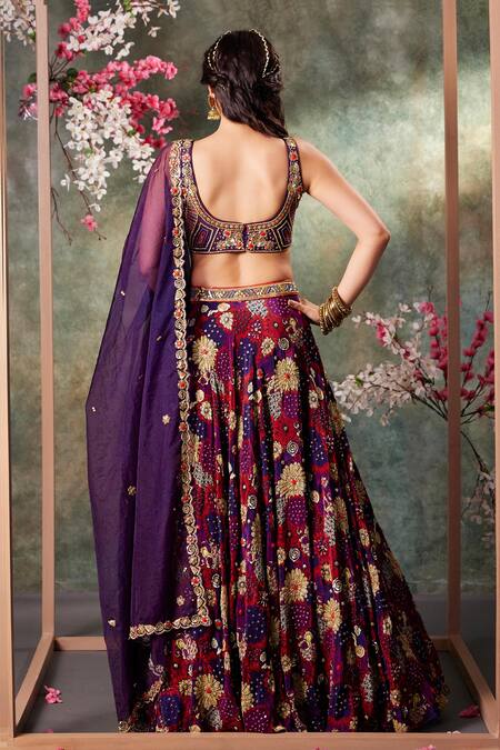 Mehak Murpana_Purple Organza, Crepe Sequins, Embroidery, Zari Round Bloom Print Lehenga Set _Online_at_Aza_Fashions