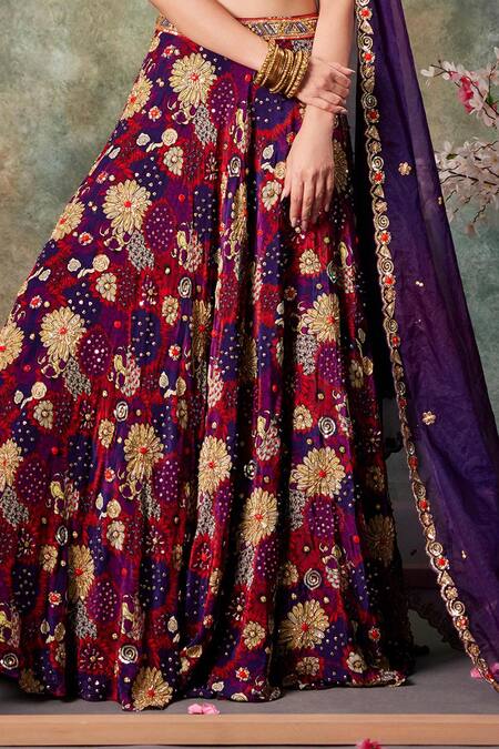 Buy_Mehak Murpana_Purple Organza, Crepe Sequins, Embroidery, Zari Round Bloom Print Lehenga Set _Online_at_Aza_Fashions