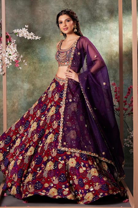 Shop_Mehak Murpana_Purple Organza, Crepe Sequins, Embroidery, Zari Round Bloom Print Lehenga Set _Online_at_Aza_Fashions