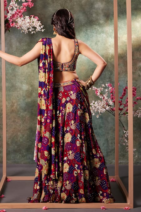 Shop_Mehak Murpana_Purple Crepe Zari, Sequins, Beads, Embroidery Flower Print Lehenga Blouse Set _at_Aza_Fashions