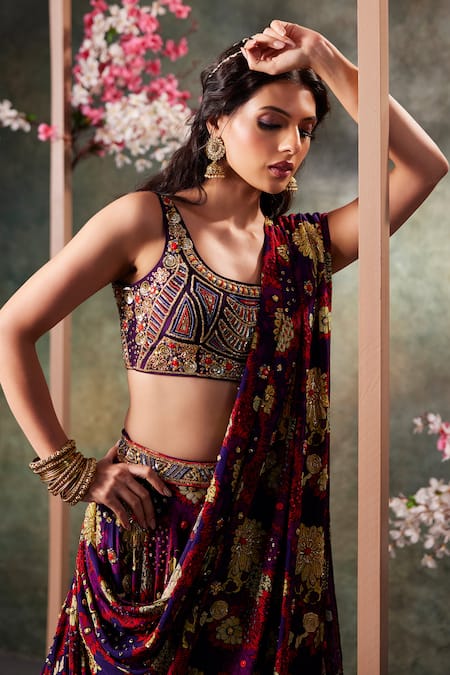Mehak Murpana_Purple Crepe Zari, Sequins, Beads, Embroidery Flower Print Lehenga Blouse Set _Online_at_Aza_Fashions