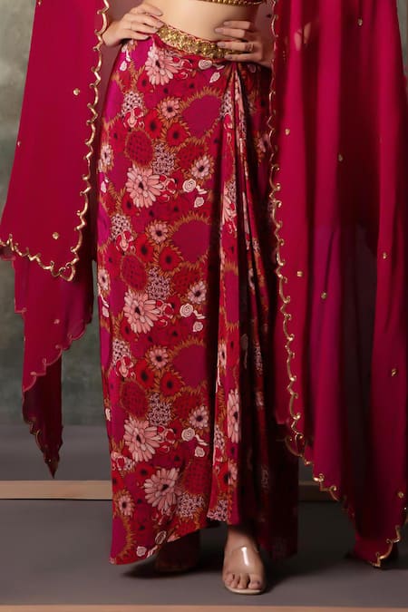 Mehak Murpana_Pink Crepe, Georgette Sequins, Beads Sweetheart Printed Blouse Draped Skirt Set _Online_at_Aza_Fashions