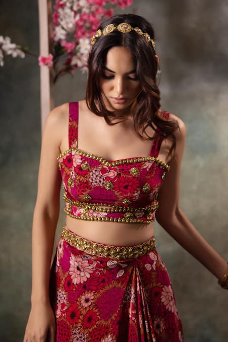 Buy_Mehak Murpana_Pink Crepe, Georgette Sequins, Beads Sweetheart Printed Blouse Draped Skirt Set _Online_at_Aza_Fashions